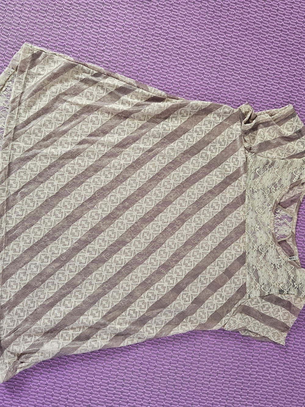 Plus Lace-Yoke Diagonal Stripe Tunic Top - Lavender - Picture 2 of 9